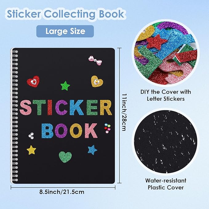UFU Large Reusable Sticker Book Collecting Album, 8.5×11 Inch Sticker Storage Collection Organizer Book with 40 Sheets Blank Release Paper, Letter & Gem Cover Stickers and Tools
