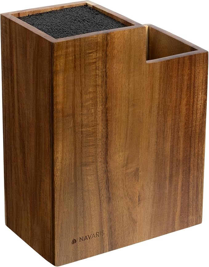 Navaris Knife Block & Utensil Organiser - Durable Acacia Wood Knife Holder without Knives - Removable & Washable Plastic Bristle for Random Sized Knives - Kitchen Storage Stand