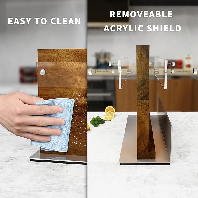 Acacia Magnetic Knife Block Double-Sided for Kitchen Counter Top - Heavy Duty Base & Shatter-Resistant Acrylic Shield, Holds 10-12 Knives, Space Saving Organizer (No Knives Included)