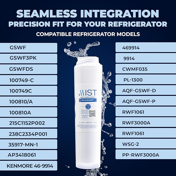 Mist GSWF Water Filter Replacement for GE, Refrigerator Water Filter compatible with GSWF Smart Water, GSWFDS, 100749-C, 100810/A, 238C2334P001, Kenmore 46-9914 (3 pack)