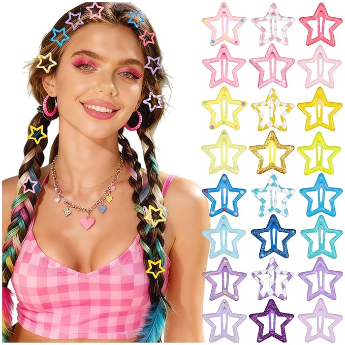 24Pcs Star Hair Clips Y2K Cute Star Hair Clips for Women Snap Metal Stars Barrettes for Long Short Curly Thin Thick Hair Bulk Pink Blue Purple Yellow Kawaii Hair Accessories for Girls Styling Tools