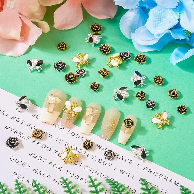 60Pcs Y2K Nail Charms Antique 3D Alloy Rose Bee Nail Cabochons Nails Art Charms Flower Nails Stickers Enamel Bee Charm for Women DIY Manicures Crafts Jewelry Making