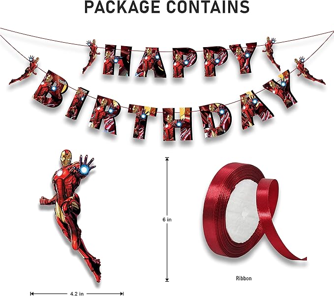 Irn Man Happy Birthday Banner – Action Hero Armor Theme Birthday Decoration Banner for Indoor Party Setup, Wall Hanging Display, Dessert Table Background, Photo Booth Backdrop.