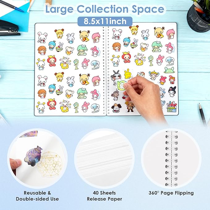 UFU Large Reusable Sticker Book Collecting Album, 8.5×11 Inch Sticker Storage Collection Organizer Book with 40 Sheets Blank Release Paper, Letter & Gem Cover Stickers and Tools