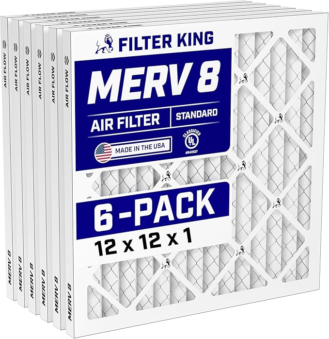 Filter King 12x12x1 Air Filter (MERV 8) (6-Pack) Dust & Allergy Control AC Furnace Filters, MADE IN USA, HVAC, Pleated, Electrostatic (Actual Size: 11.5 x 11.5 x .75)