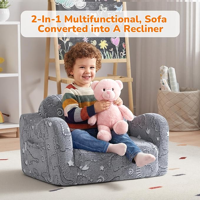 MeMoreCool Glow-in-the-Dark Dinosaur Kids Couch, 2-in-1 Foldable Kids Couch and Sofa Chair for Playroom Nursery, Soft Foam Fold Out Lounger for Boys Ages 1-3, Washable Cover, Gray | Reading, Lounging