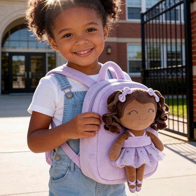 Gloveleya Toddler Backpack Baby Ballerina Girl Gifts Plush Curly Hair Ballet Backpack - Black Purple 9 inches