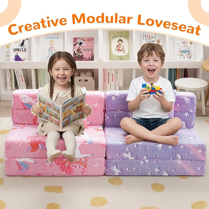 MeMoreCool Foldable Futon Chair Bed for Kids, Glow Tri-fold Sofa Bed Convertible Toddler Sofa Mattress, Foam Floor Couch for Sitting, Pink