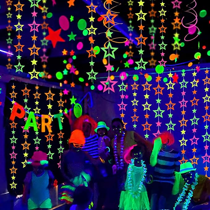 126feet UV Neon Streamers Glow Garland Hollowed Star Paper Hanging Ornaments Glow in The Dark Supplies and Decorations Blacklight Reactive Fluorescent Black Light Party Kit Wedding Birthday Streamers