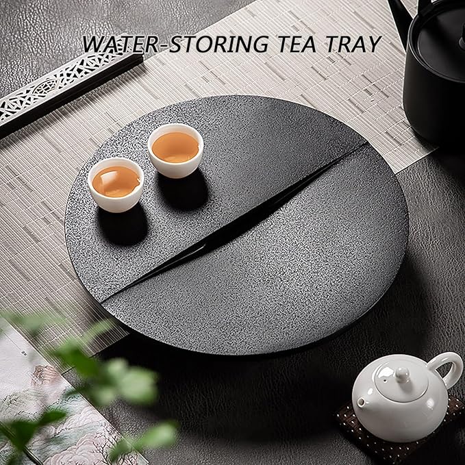 Small Round Coffee Table Tea Tray, Stacking Tea Tray, Rock Board Desktop with a Water-Collecting Base, It can be Placed on a Coffee Table(40cm/15.7in)
