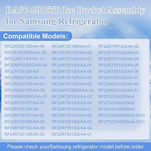 DA97-20157B, DA97-20157A Refrigerator Ice Bucket Compatible with Samsung RF22R7351SG, RF24R7201SR, RF27CG5400SR, etc Series Refrigerators Ice Container, Part Number: 4993476, PS12720126, etc