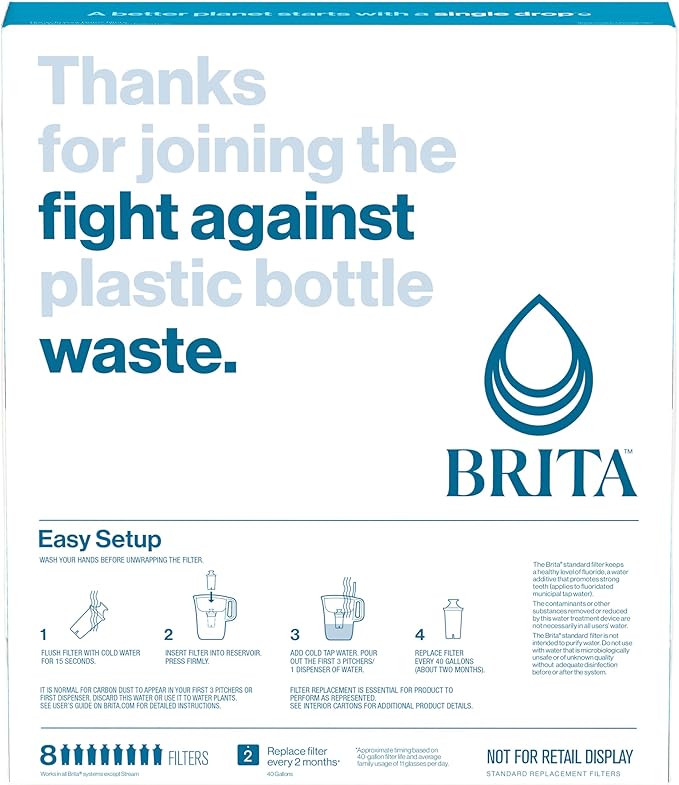 Brita Standard Water Filter for Pitchers and Dispensers, BPA-Free, Reduces Copper, Cadmium and Mercury Impurities, Lasts Two Months or 40 Gallons, Includes 8 Filters, White