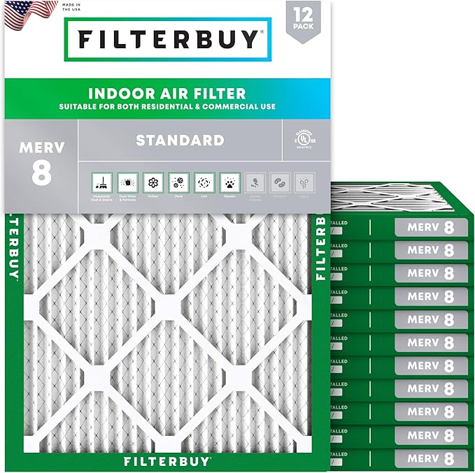 Filterbuy 16x21x1 Air Filter MERV 8 Essential Dust & Allergy Defense (12-Pack), Electrostatic Pleated HVAC AC Furnace Filters Replacement (Actual Size: 15.50 x 20.50 x 0.75)