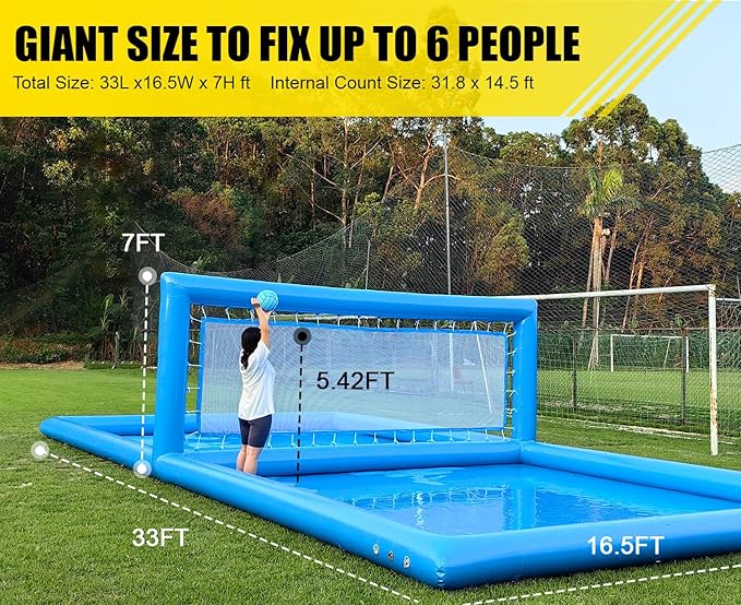33ft Inflatable Volleyball Pool Inflatable Volleyball Count for Adults and Family, 100% PVC Commercial Net with 800w Air Pump, Giant Beach Games Outdoor Games, 33x16.5x7ft