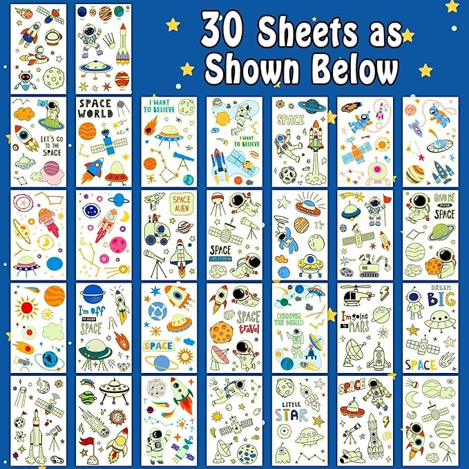 Partywind 290 Styles (30 Sheets) Luminous Space Tattoos for Kids Party Decorations, Glow Outer Space Party Supplies Favors with Astronaut/Rocket/Planet, Kids Games for Glow Party
