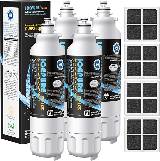 ICEPURE PLUS ADQ73613401 NSF/ANSI 53 NSF/ANSI 42 Certified Compatible with LG LT800P, LT800PC, ADQ736134, ADQ73613402, LSXS26326S, 46-9490, Refrigerator Water Filter and LT120F® Air Filter, 4 Combo