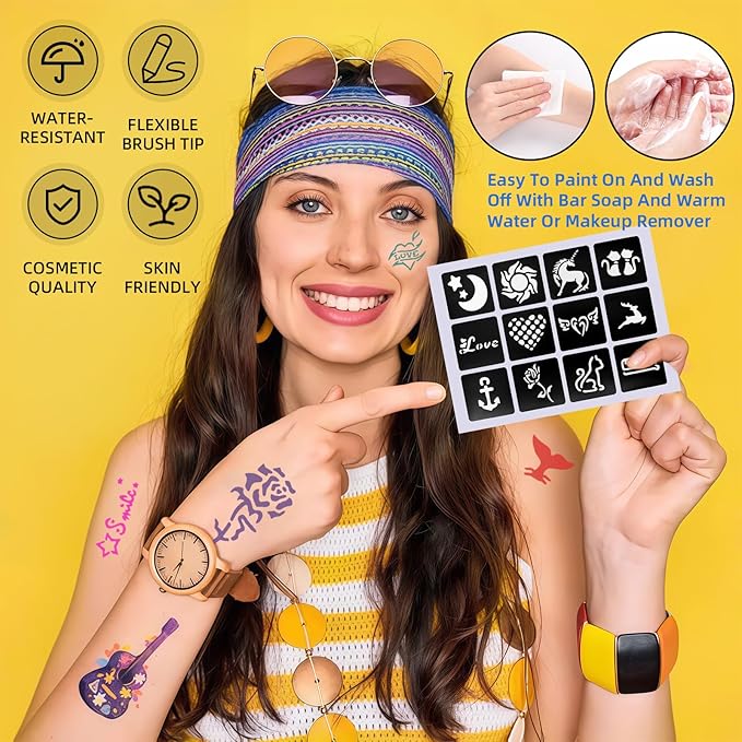 Temporary Tattoo Markers Kit, Dual-End 16 Colors with 80 Stencils for Body Art | Skin-Safe, Washable, Cosmetic-Grade | for Kids & Adults