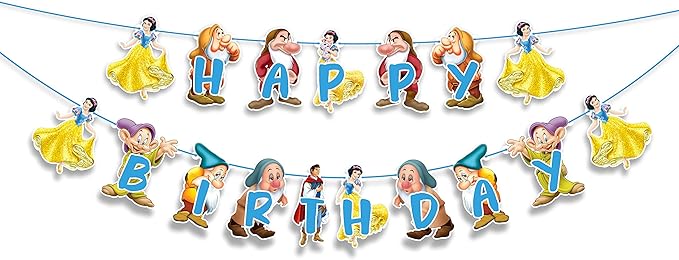 "Snow White and the Sevn Dwafs Happy Birthday Banner – Cartoon Princess Theme Birthday Party Decoration – Colorful Fairy Tale Banner for Girls Birthday Party, Photo Booth,Party Backdrop Décor"