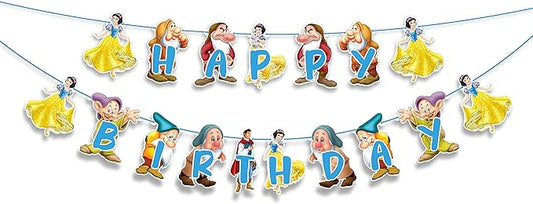 "Snow White and the Sevn Dwafs Happy Birthday Banner – Cartoon Princess Theme Birthday Party Decoration – Colorful Fairy Tale Banner for Girls Birthday Party, Photo Booth,Party Backdrop Décor"