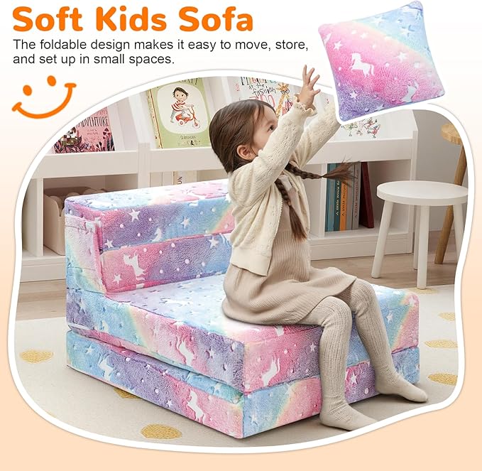 MeMoreCool Glow Rainbow Unicorn Tri-fold Sofa Bed for Kids, Foldable Futon Mattress, Chair, and Floor Couch for Playroom
