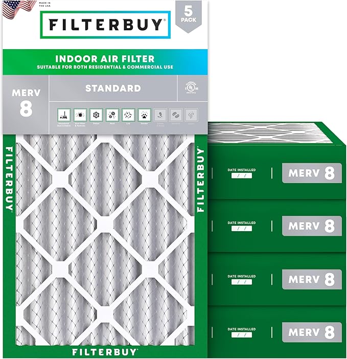 Filterbuy 12x20x4 Air Filter MERV 8 Essential Dust & Allergy Defense (5-Pack), Electrostatic Pleated HVAC AC Furnace Filters Replacement (Actual Size: 11.50 x 19.50 x 3.63)