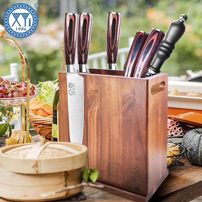 XYJ Magnetic Knife Block Holder,Double Side Magnetic Knife Stand,Acacia Wood,Extra Large Capacity Magnet Knife Storage for Knives and Utensils,Kitchen Organizer Rack Tool Without Knives