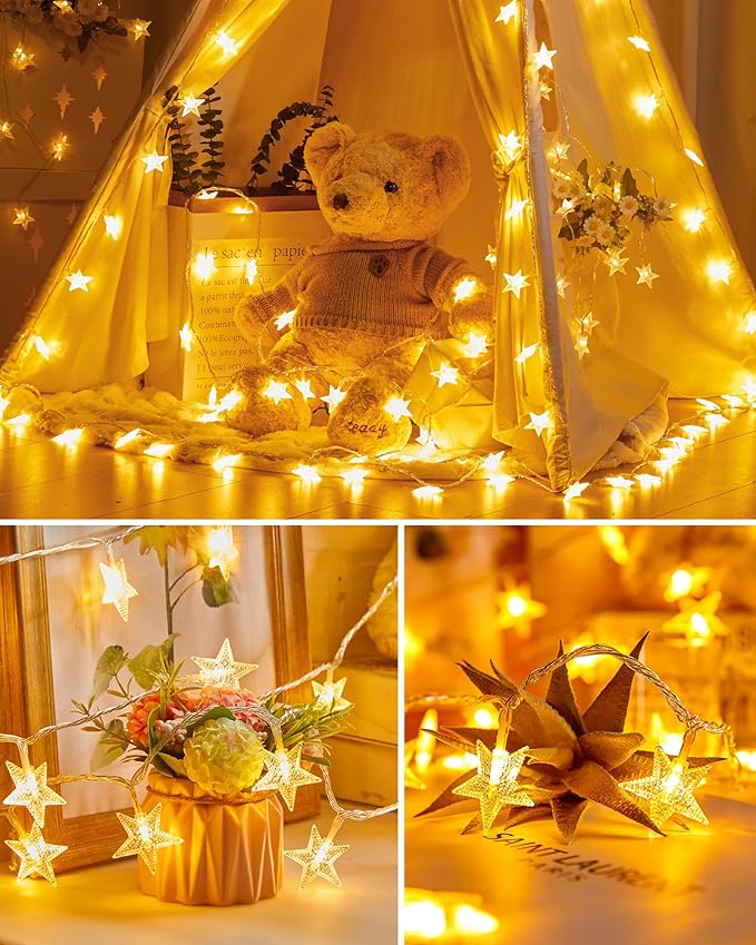 Minetom Star String Lights Plug in - 66 ft 200 LED Star Fairy String Lights with Remote and Timer, 8 Modes Waterproof for Bedroom Tent Loft Bed Window Backyard Patio Porch Balcony Party, Warm White