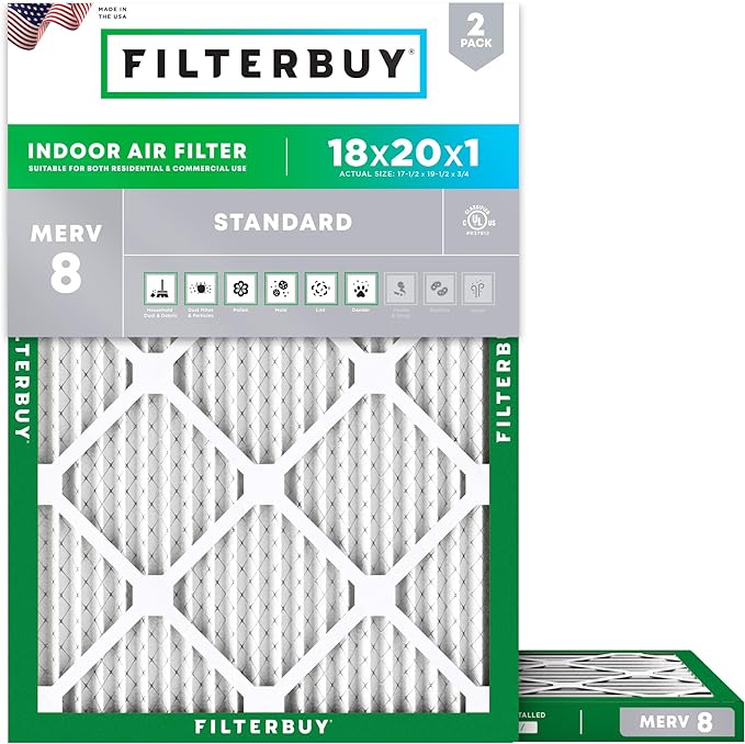 Filterbuy 18x20x1 Air Filter MERV 8 Essential Dust & Allergy Defense (2-Pack), Electrostatic Pleated HVAC AC Furnace Filters Replacement (Actual Size: 17.50 x 19.50 x 0.75)