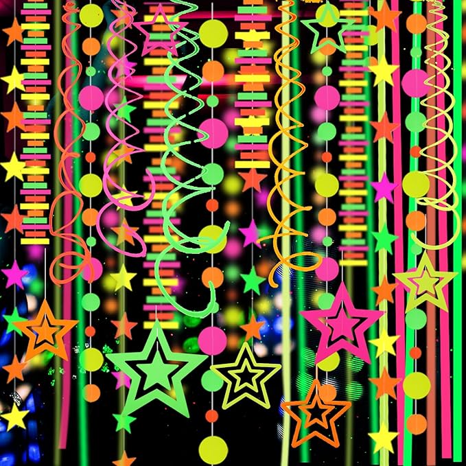 540feet Paper UV Neon Garland Neon Streamers Glow in The Dark Neon Party Supplies and Decorations Glow in The Dark Streamers Blacklight Reactive Fluorescent Black Light Party Kit for Birthday Wedding