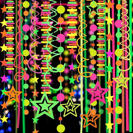 540feet Paper UV Neon Garland Neon Streamers Glow in The Dark Neon Party Supplies and Decorations Glow in The Dark Streamers Blacklight Reactive Fluorescent Black Light Party Kit for Birthday Wedding