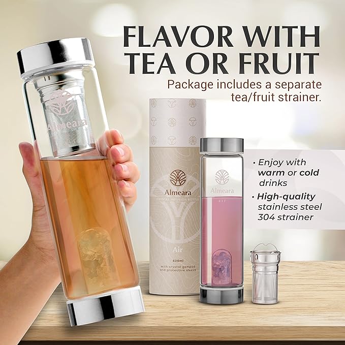 Almeara Crystal Water Bottle with Authentic Aquamarine Stones and Clear Quartz Removable Gemstones, Loose Leaf Tea Infuser - Relaxation, Healing & Spiritual Gifts for Women - Witchcraft Supplies