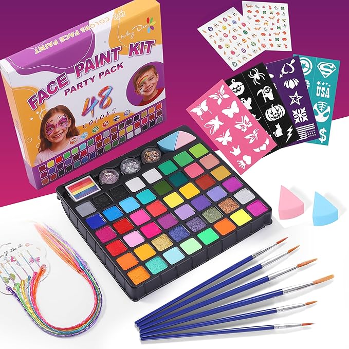 Maydear 48-Color Face Paint Kit for Kids – Washable Makeup with Neon & Metallic Shades, Brushes, Stencils, Rainbow Strip, Hair Extensions & Nail Stickers for Parties & Halloween