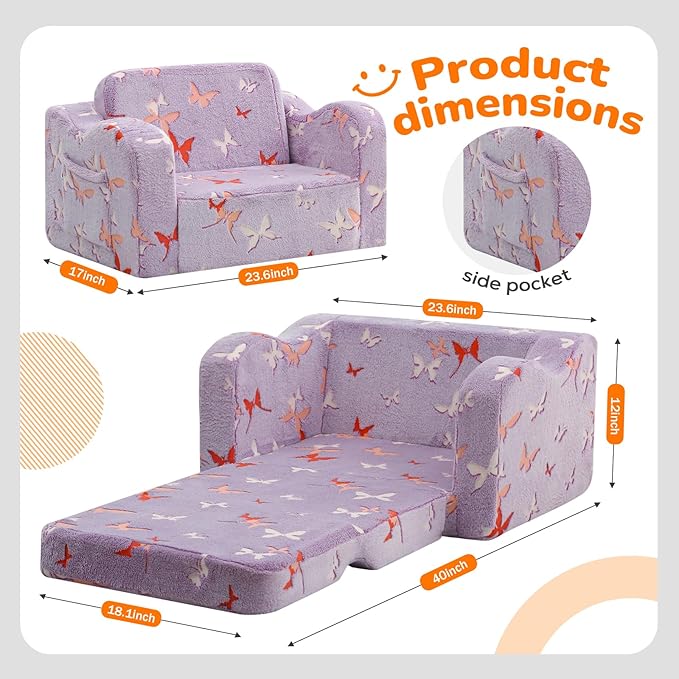 MeMoreCool Glowing Butterfly Kids Chair, 2-in-1 Foldable Kids Couch for Girls, Glow-in-the-Dark Lavender Sofa with Fold-Out Lounger, Soft Foam Kids Furniture for Playroom Nursery, Washable Cover | Reading, Relaxing