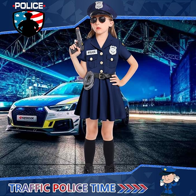 Halloween Police Officer Costume Dress Girls Kids Cop Thief Cosplay Outfits with 9 Pcs Accessories