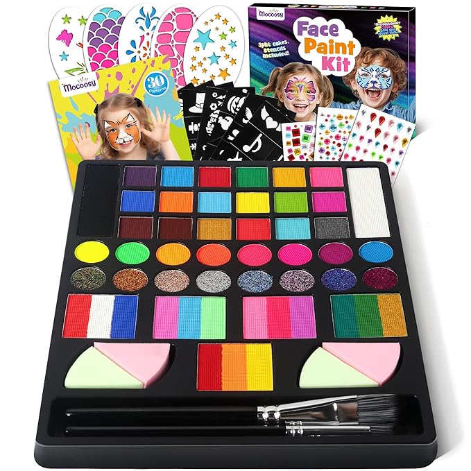 Mocoosy 41 Color Face Painting Kit for Kids, Non-Toxic Water Activated Face Paint Palette With Stencil, Brushes, Gem, Professional Body Makeup Kit for Cosplay Party, Carnival, Birthday, Costume Party