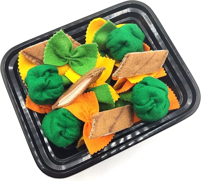 Pasta with broccoli, farfalle, bow tie pasta, felt play food for kids kitchen, pretend play for kids (tri-colors, set 3 (farfalle, broccoli, chicken))