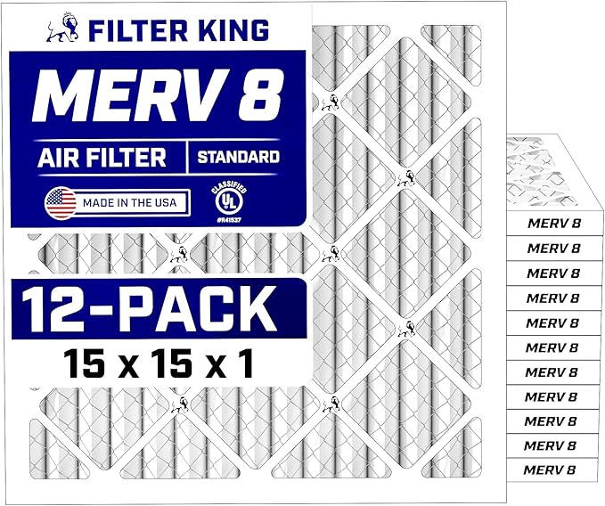 Filter King 15x15x1 Air Filter (MERV 8) (12-Pack) Dust & Allergy Control AC Furnace Filters, MADE IN USA, HVAC, Pleated, Electrostatic (Actual Size: 15 x 15 x .75)