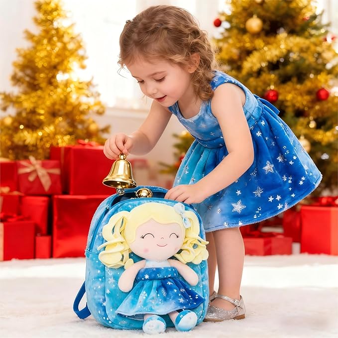 Gloveleya Toddler Backpack Baby Girl Gifts Plush Curly Girl Doll Backpacks Blue Dress with Glitter Stars 9 inches
