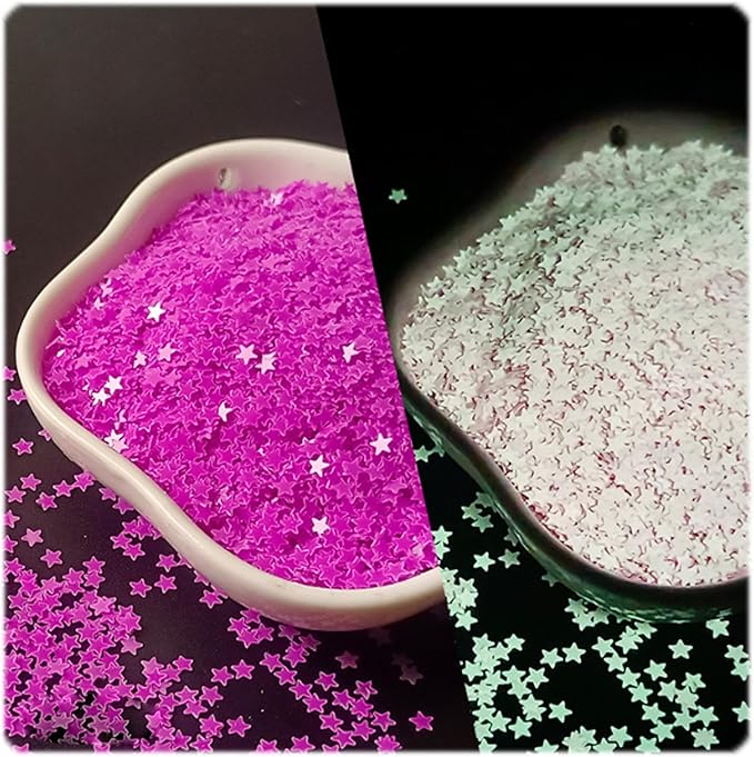 Glow-in-The-Dark Purple Star Glitter Flakes, 3 mm Luminous Plastic Sequins, 10 g Bag for Resin Crafts, Nail Art, Slime & Party Decor