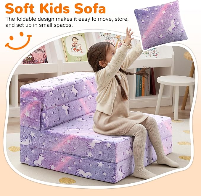 MeMoreCool Foldable Futon Chair Bed for Kids, Glow Tri-Fold Sofa Bed Convertible Toddler Sofa Mattress, Foam Floor Couch for Sitting, Purple