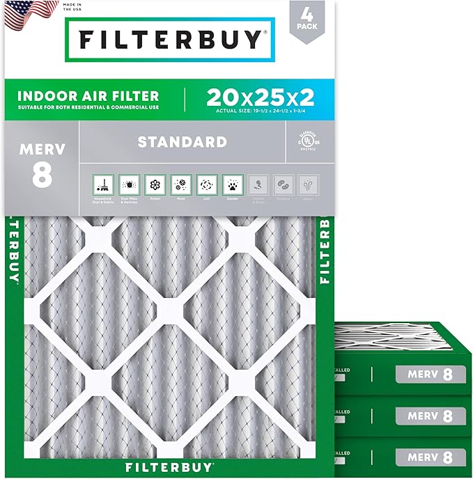 Filterbuy 20x25x2 Air Filter MERV 8 Essential Dust & Allergy Defense (4-Pack), Electrostatic Pleated HVAC AC Furnace Filters Replacement (Actual Size: 19.50 x 24.50 x 1.75)