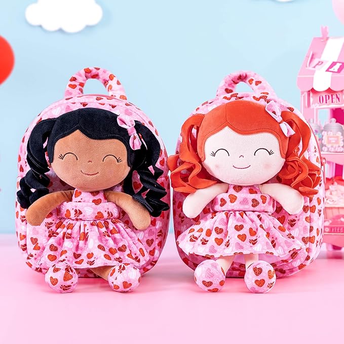 Gloveleya Toddler Girls Backpack Baby Girl Gifts Curly Hair Dolls I Love You Plush Doll with Heart Printed Dress Love Series 9inches