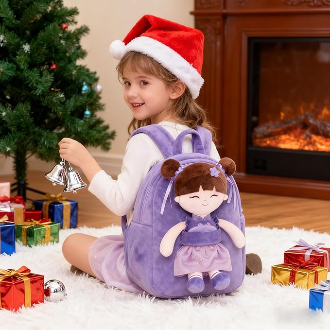 Gloveleya Back to School Gifts for Girls Kids Backpack Toddler Backpack Soft Plush Asian Girl Doll Backpacks Purple 9"