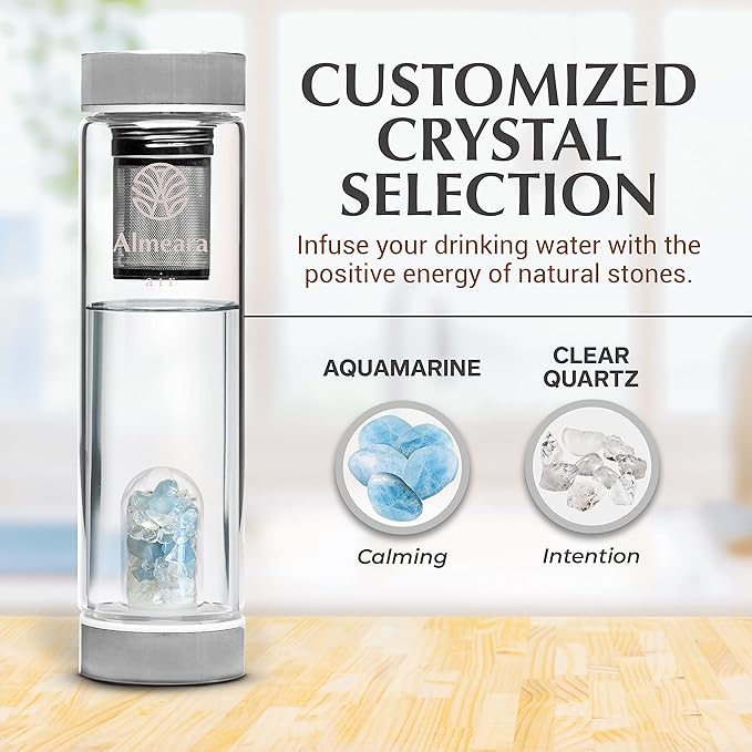 Almeara Crystal Water Bottle with Authentic Aquamarine Stones and Clear Quartz Removable Gemstones, Loose Leaf Tea Infuser - Relaxation, Healing & Spiritual Gifts for Women - Witchcraft Supplies
