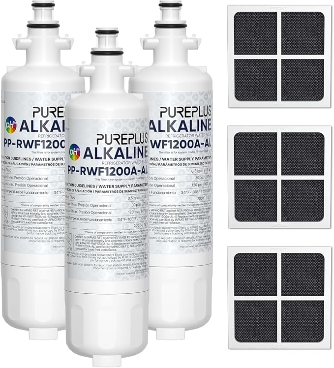 PUREPLUS Alkaline 469690 LT700P Replacement for LG Kenmore Elite 9690, ADQ36006102, ADQ36006101, LFXS30766S, LFX28968ST,LFX31925ST,PL-500,RWF1052, LT120F Refrigerator Water and Air Filter Combo, 3PACK