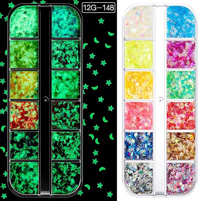 12 Grids Luminous Nail Art Glitter Powder, Glow in The Dark Nail Art Sequins with Star Moon Shape Designs, Night Holographic Fluorescent Nails Mix Pigment Supplies for Women Girls Glow Decorations