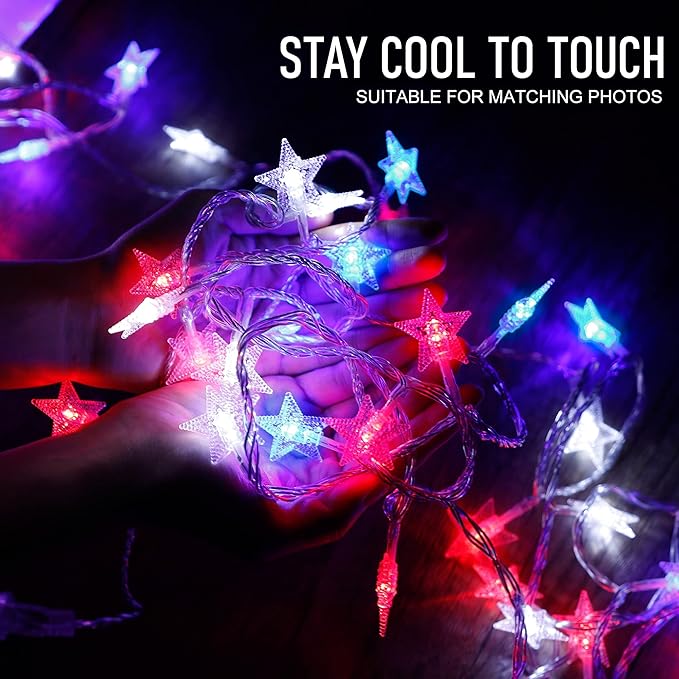 Twinkle Star 4th of July Decoration Lights, 100 LED 49FT Red White Blue Star String Lights, Plug in Fairy String Lights Waterproof, Extendable for Indoor, Outdoor, Independence Day Decor