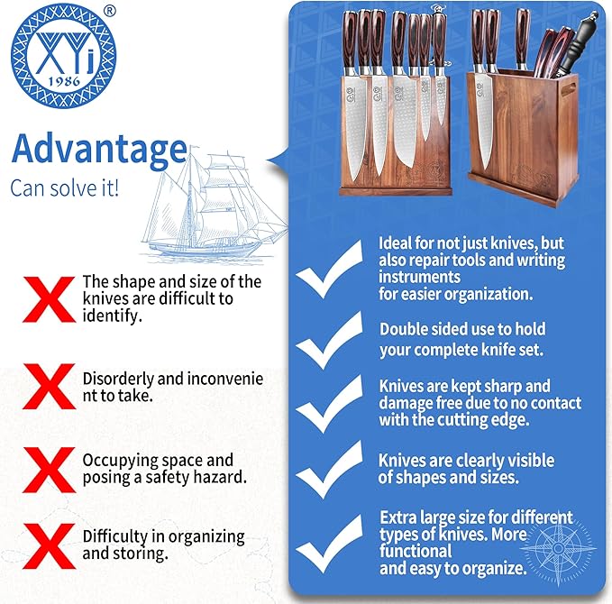 XYJ Magnetic Knife Block Holder,Double Side Magnetic Knife Stand,Acacia Wood,Extra Large Capacity Magnet Knife Storage for Knives and Utensils,Kitchen Organizer Rack Tool Without Knives