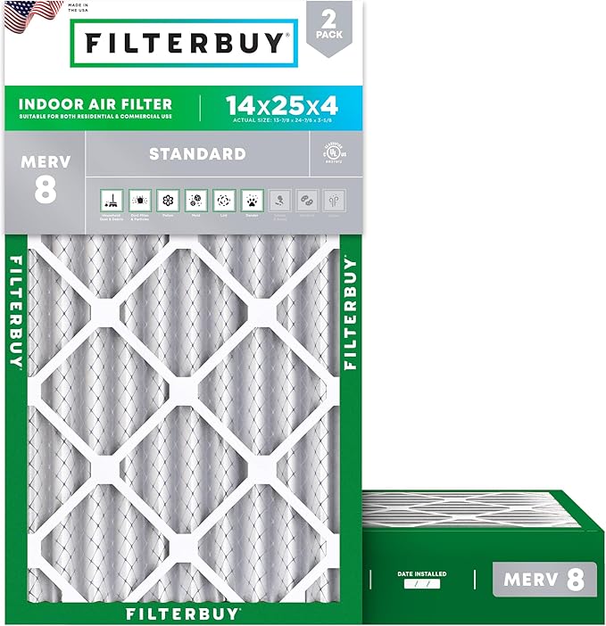 Filterbuy 14x25x4 Air Filter MERV 8 Essential Dust & Allergy Defense (2-Pack), Electrostatic Pleated HVAC AC Furnace Filters Replacement (Actual Size: 13.88 x 24.88 x 3.63)