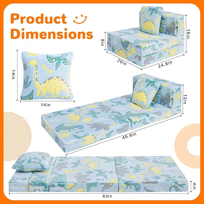 MeMoreCool Glow Dinosaur Tri-fold Sofa Bed for Kids, Foldable Futon Mattress and Chair, Convertible Floor Couch for Playroom